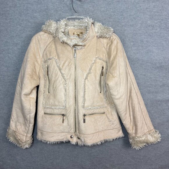 Wilson's Leather L Faux Suede Hooded Short Jacket Faux Fur Lining Tan Zip Up - Picture 3 of 16